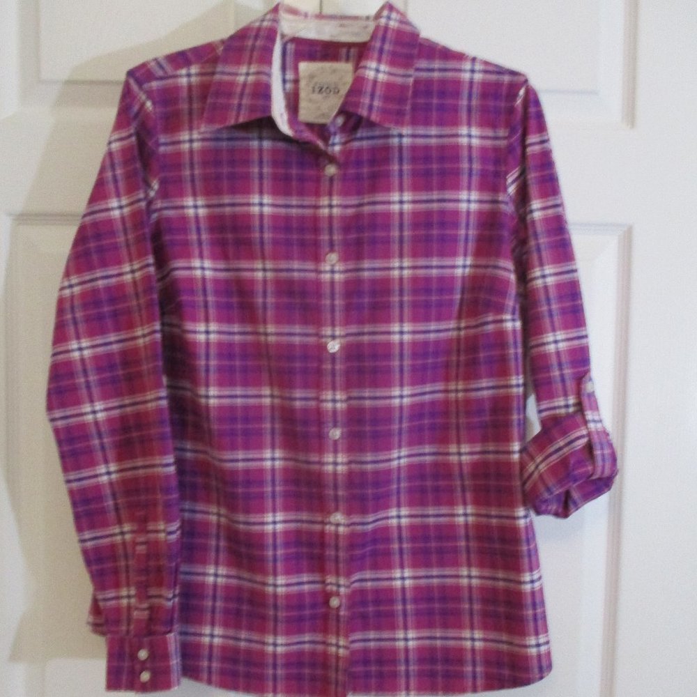 Western Style Plaid Shirt Pearl Buttons sz L Pink Purple